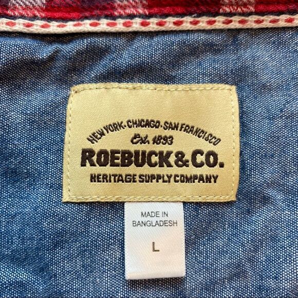 Roebuck & Co Red/White Plaid Flannel Button Down Shirt, Size Large - Picture 3 of 12